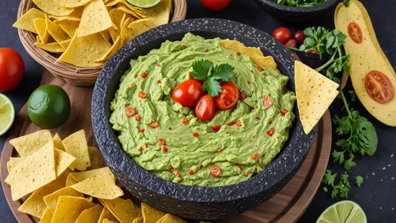 Закуска гуакамоле на столе с чипсами