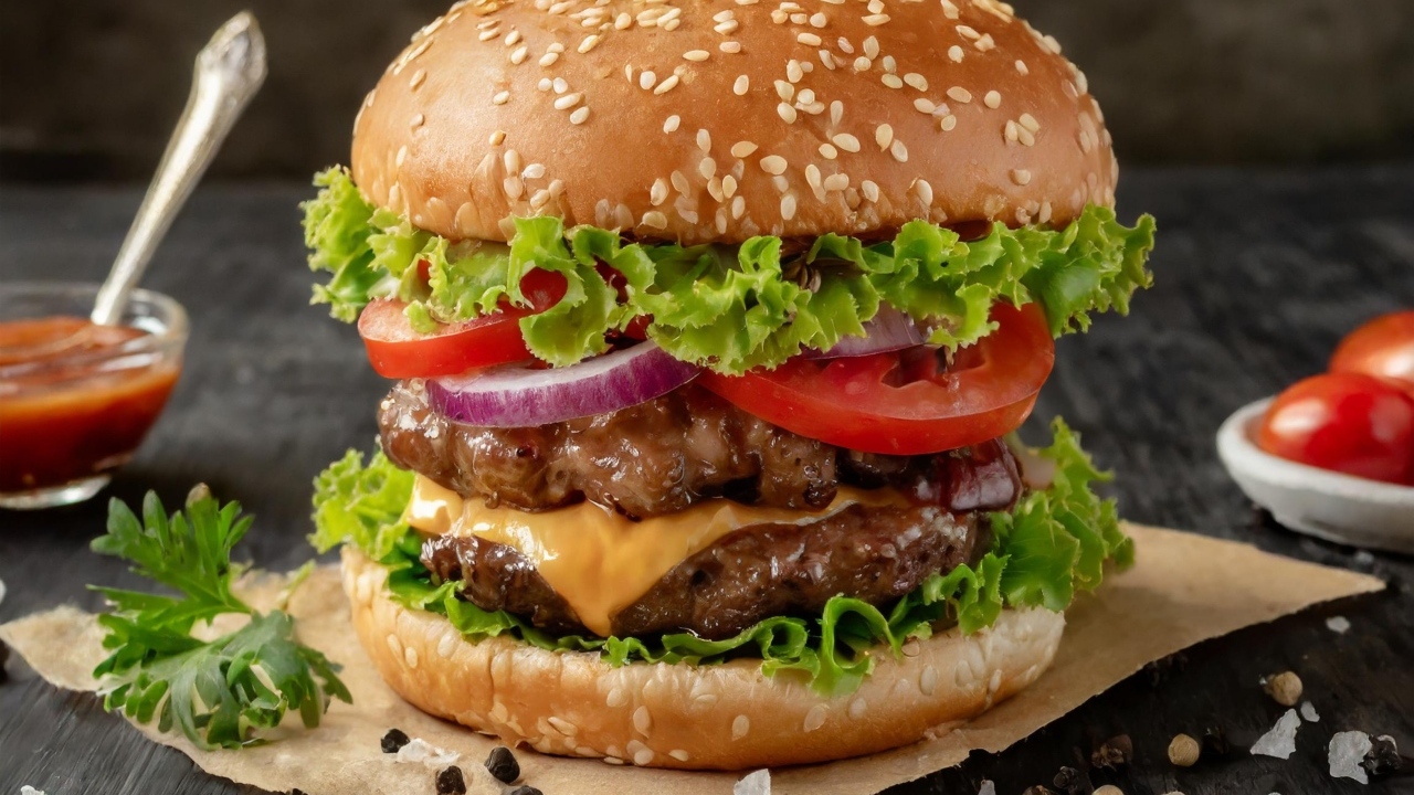 Гамбургер крупным планом на столе со специями