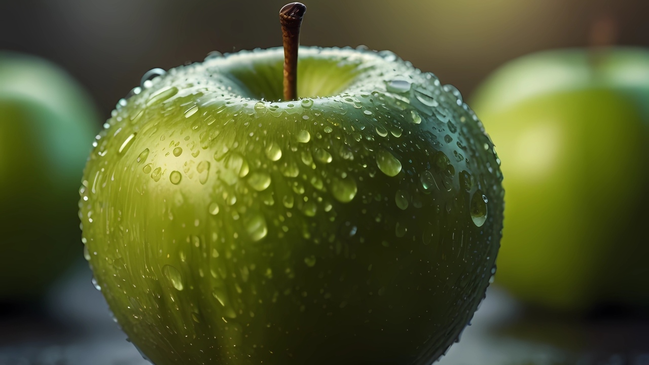 Крупное зеленое яблоко в каплях воды