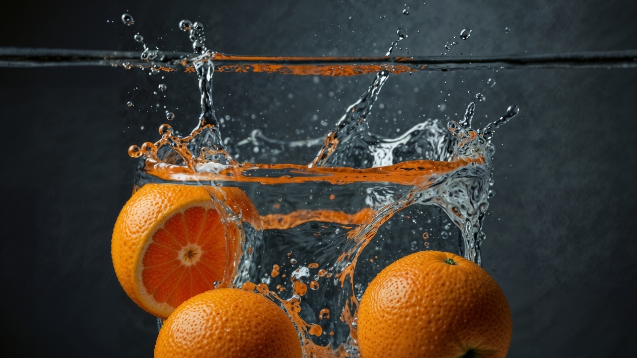 Апельсины падают в воду на сером фоне