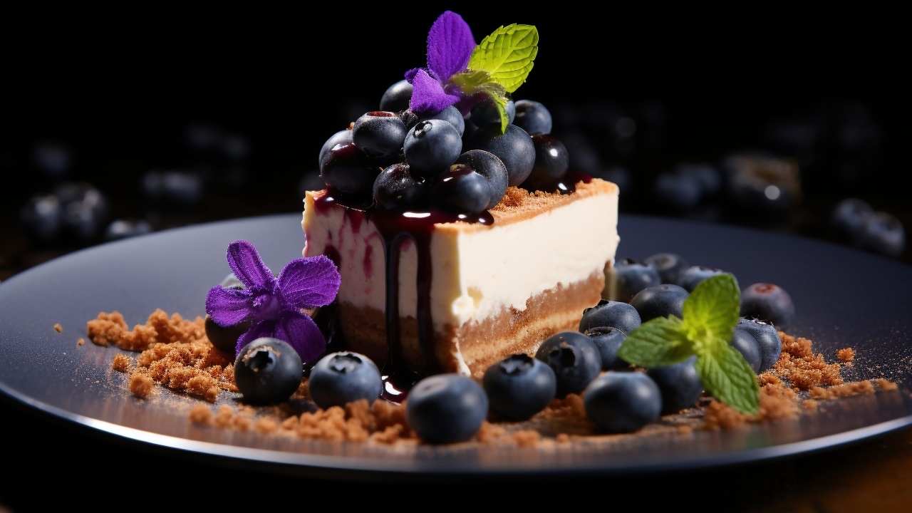 Кусок пирога с ягодами черники и листьями мяты