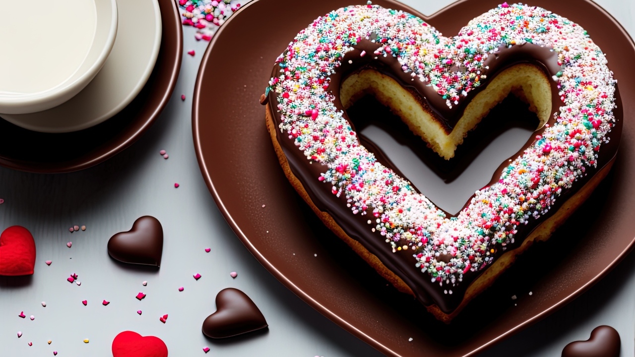 Торт в форме сердца с шоколадом на столе