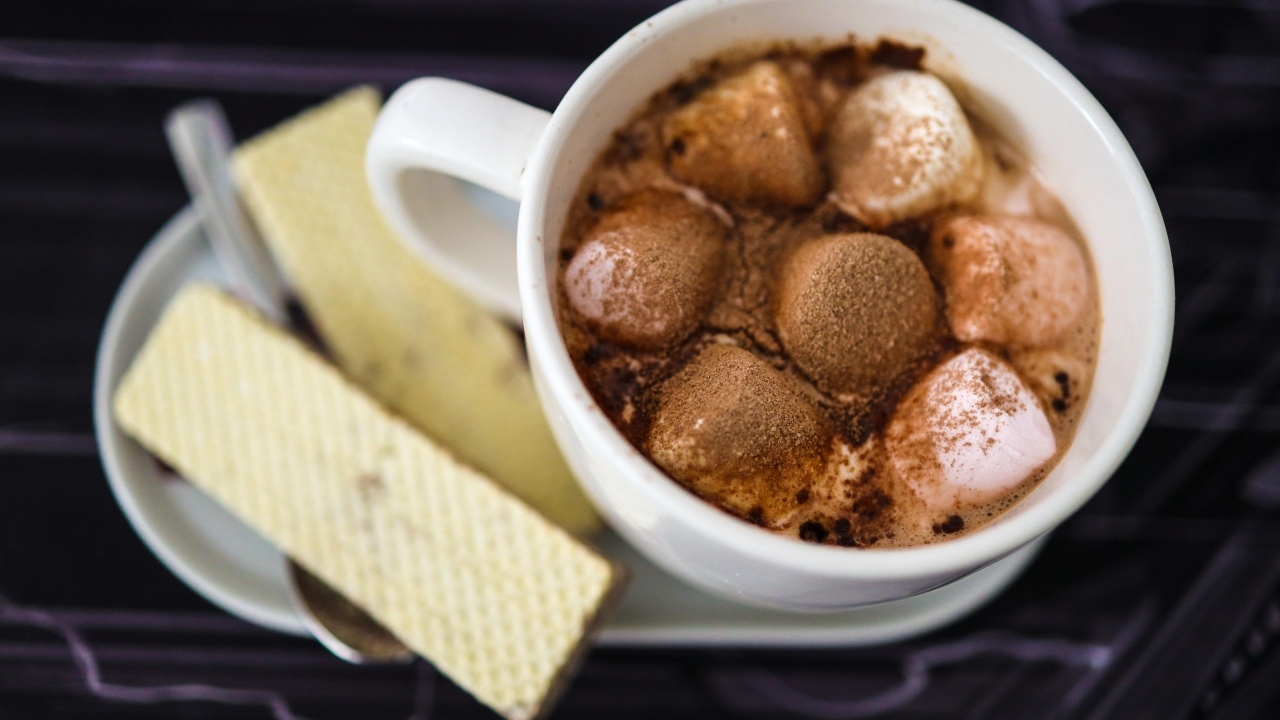 Чашка какао с маршмеллоу на тарелке с вафлями