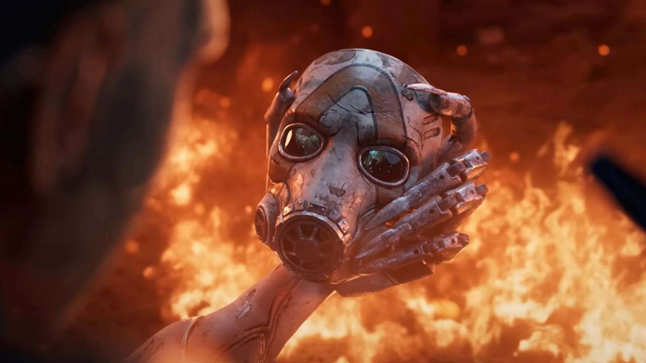 Маска в руках на фоне огня в видеоигре Borderlands 4