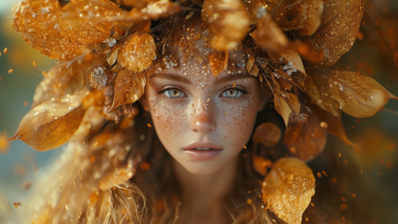 Рыжеволосая девушка осень с листьями на голове