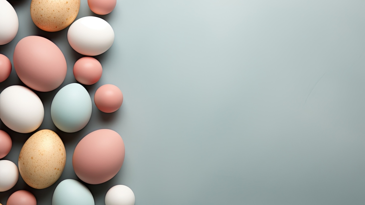 Много разноцветных яиц на сером фоне