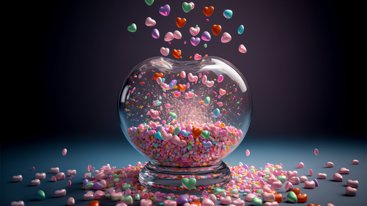Стеклянный сосуд с маленькими разноцветными сердечками