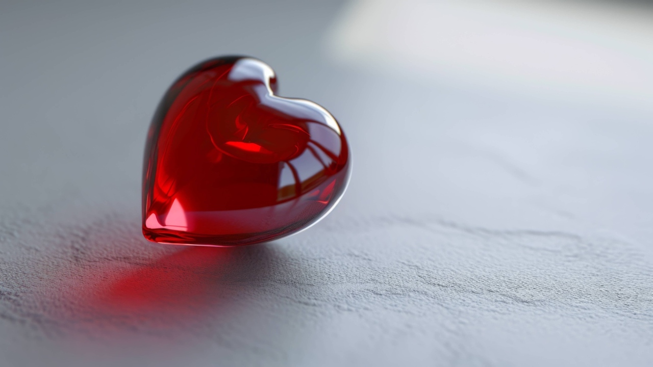 Красное стеклянное сердце на сером столе