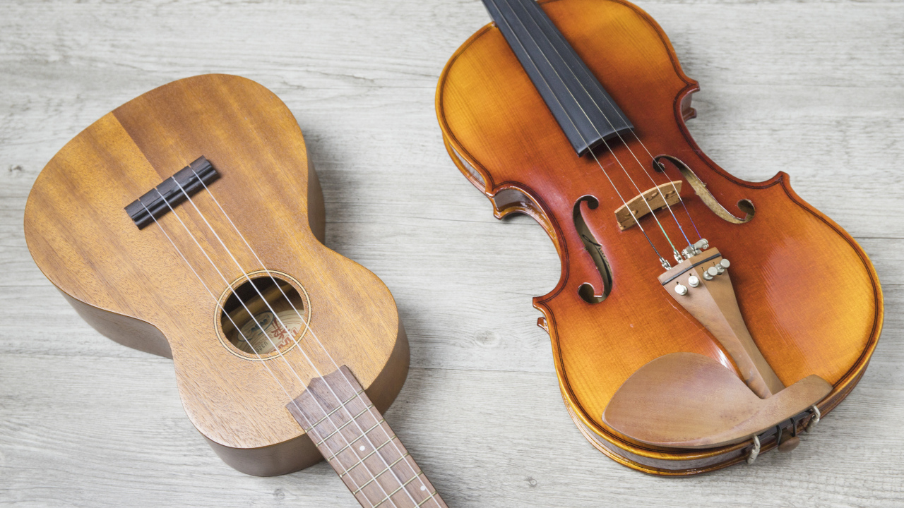 Скрипка и гитара на деревянном фоне