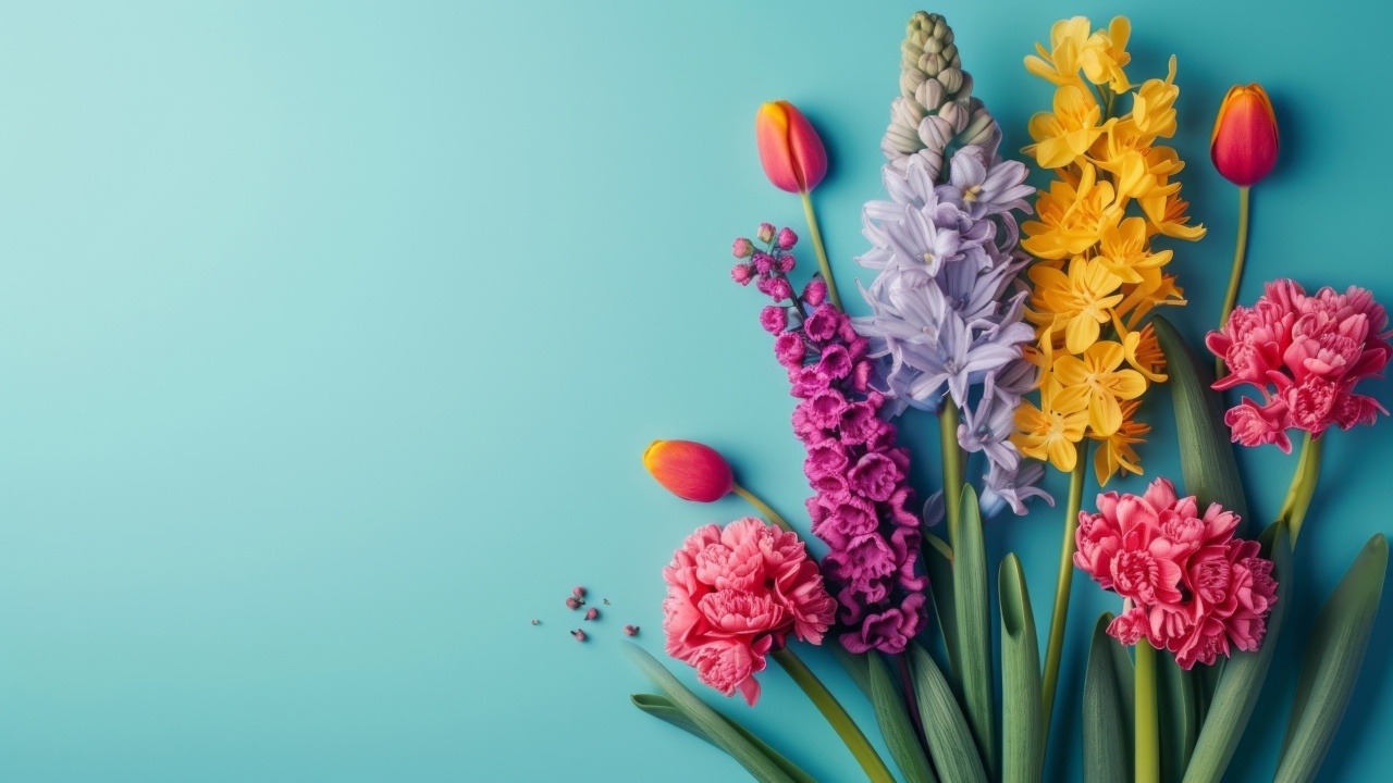 Букет красивых весенних цветов на голубом фоне