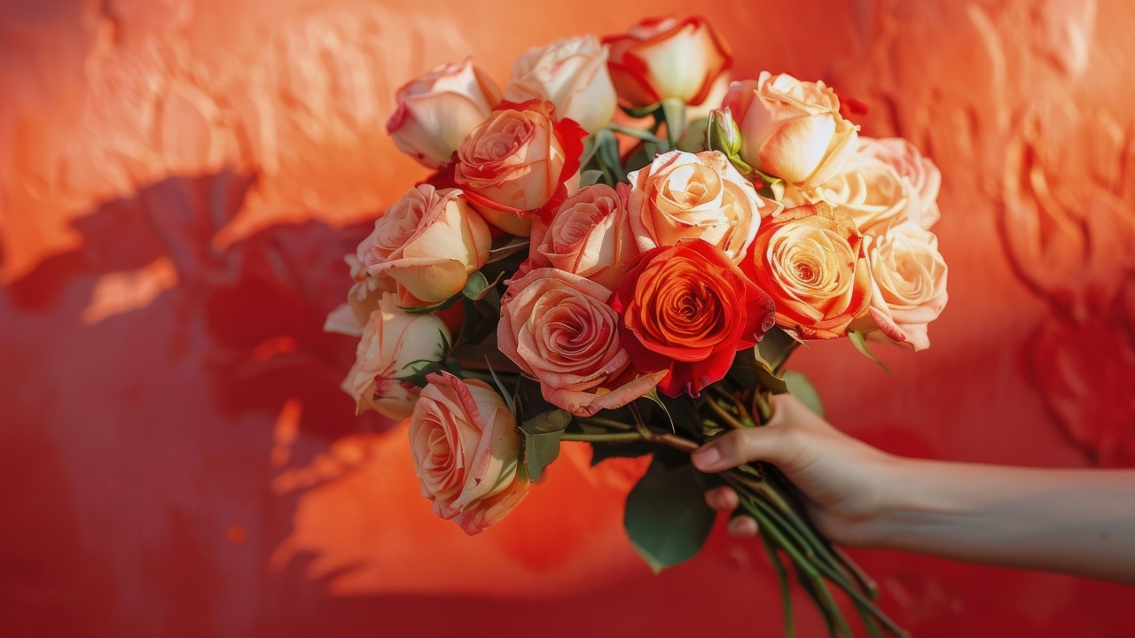Букет роз в руке на фоне красной стены