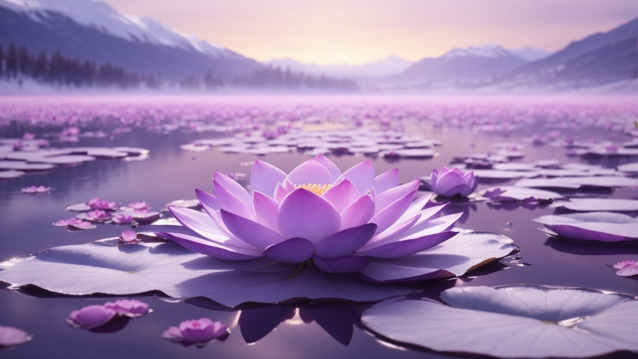 Озеро с крупными розовыми цветами лотоса