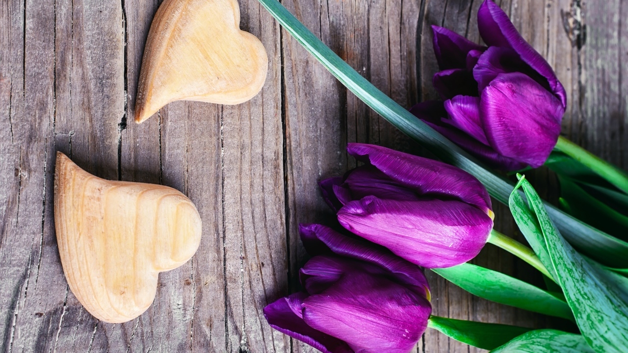 Фиолетовые тюльпаны с деревянными сердечками