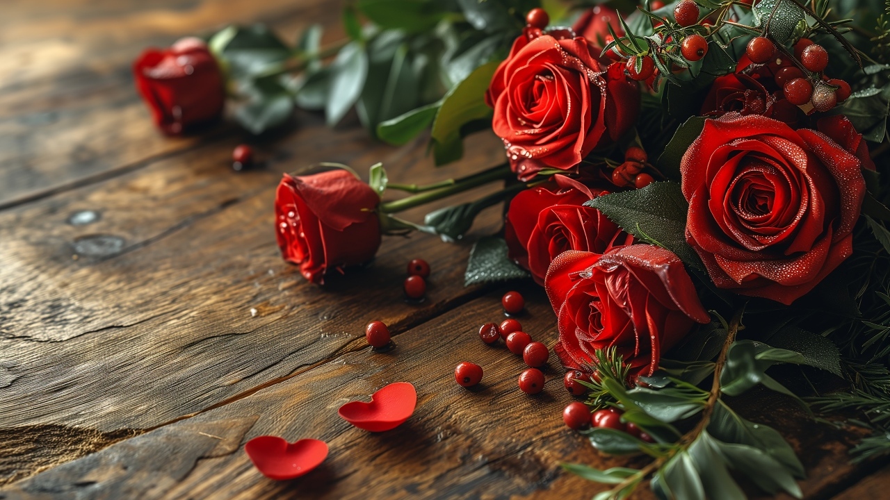 Красные необычные розы на деревянном столе