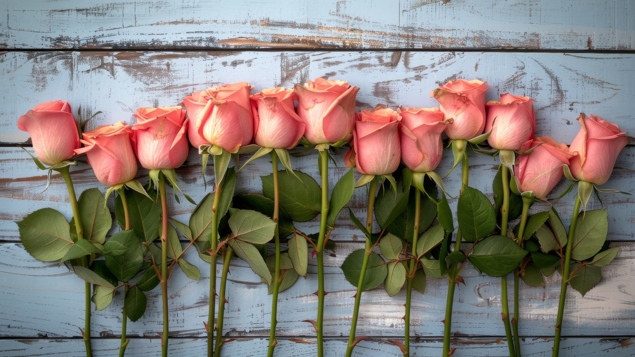 Ряд из розовых роз на деревянном столе