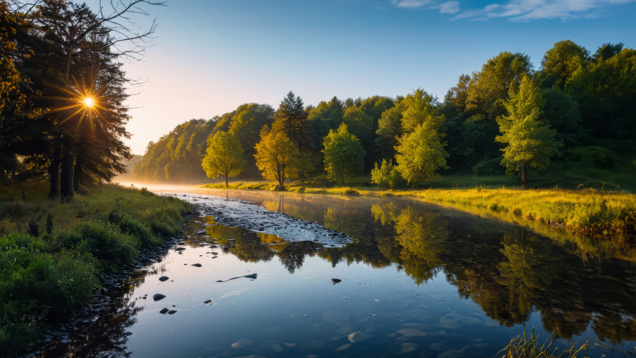 Рассвет над тихой рекой летом