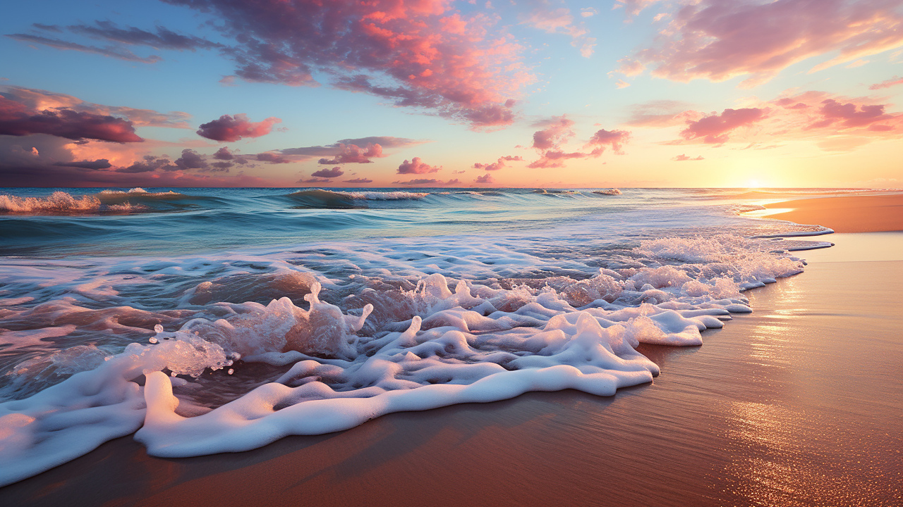 Белые морские волны на песке под красивым небом на рассвете 