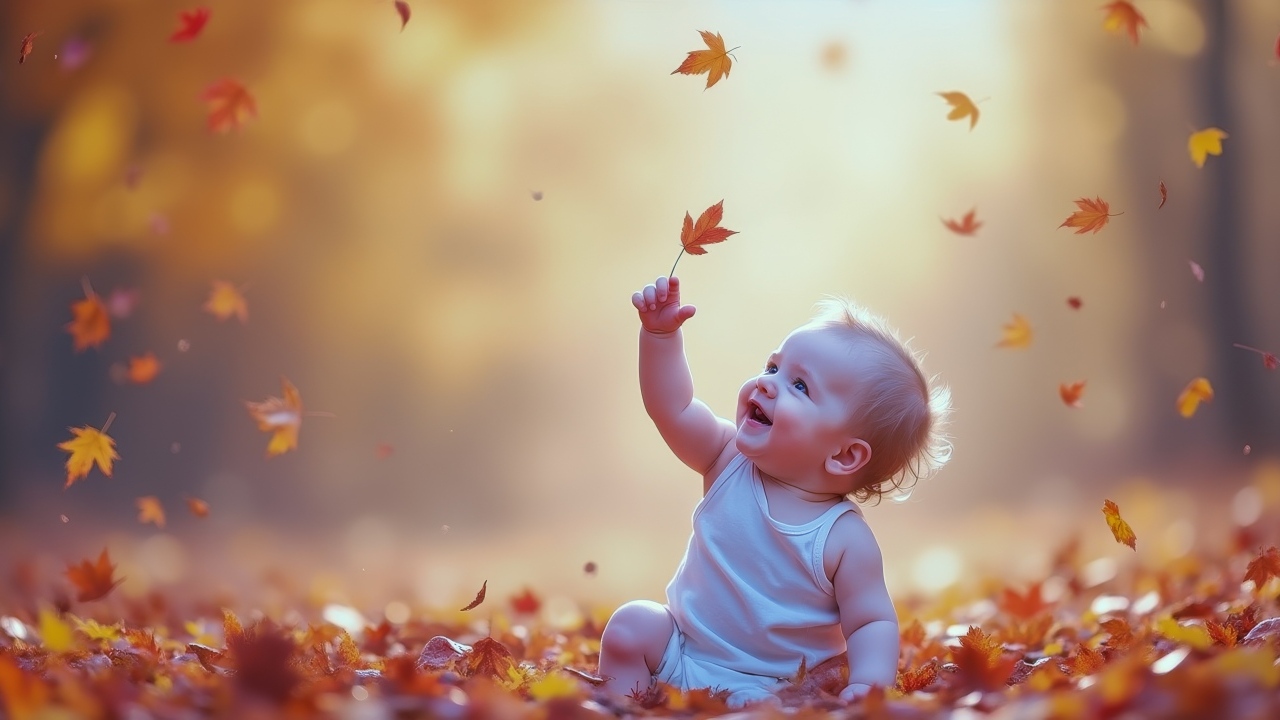 Маленький ребенок сидит на земле с опавшими листьями