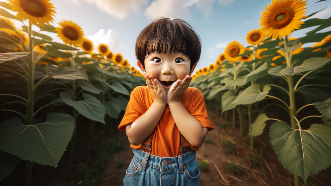 Удивленный азиатский ребенок на поле с подсолнухами