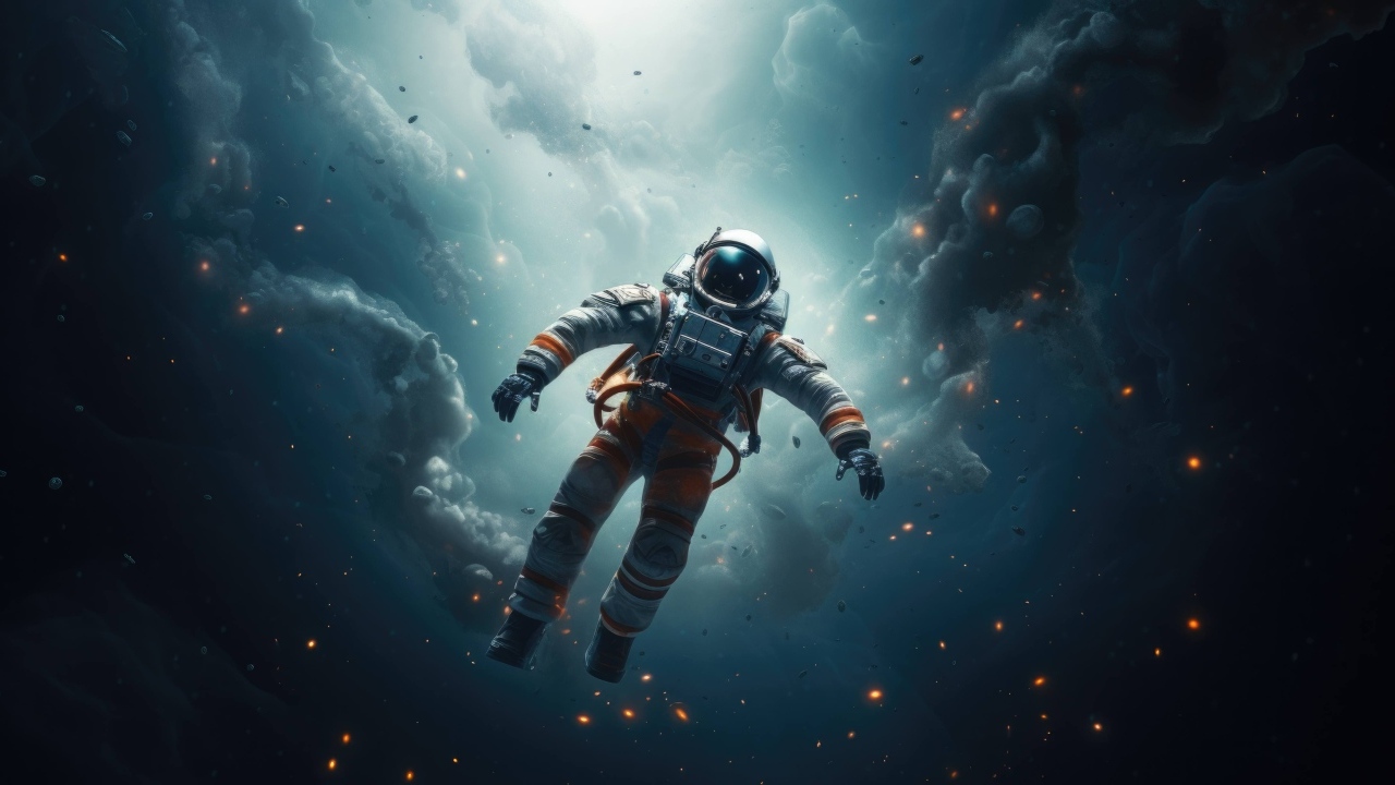 Астронавт летает в открытом космосе