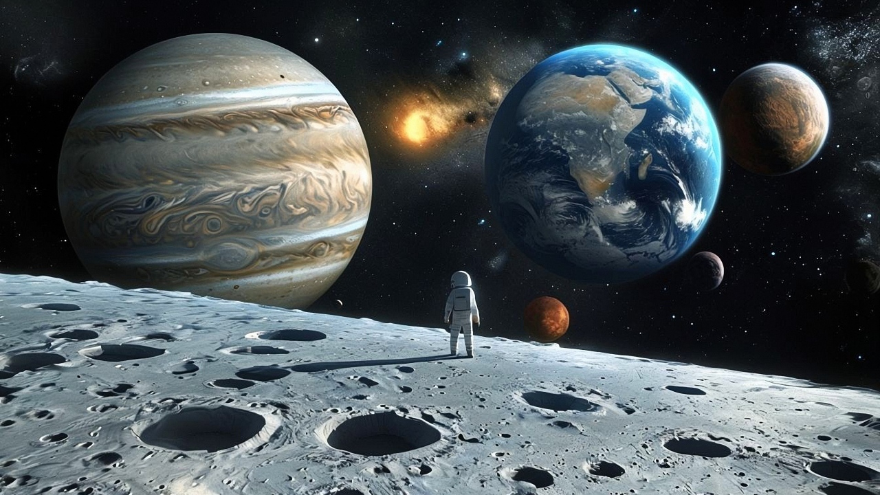 Астронавт в космосе смотрит на планеты