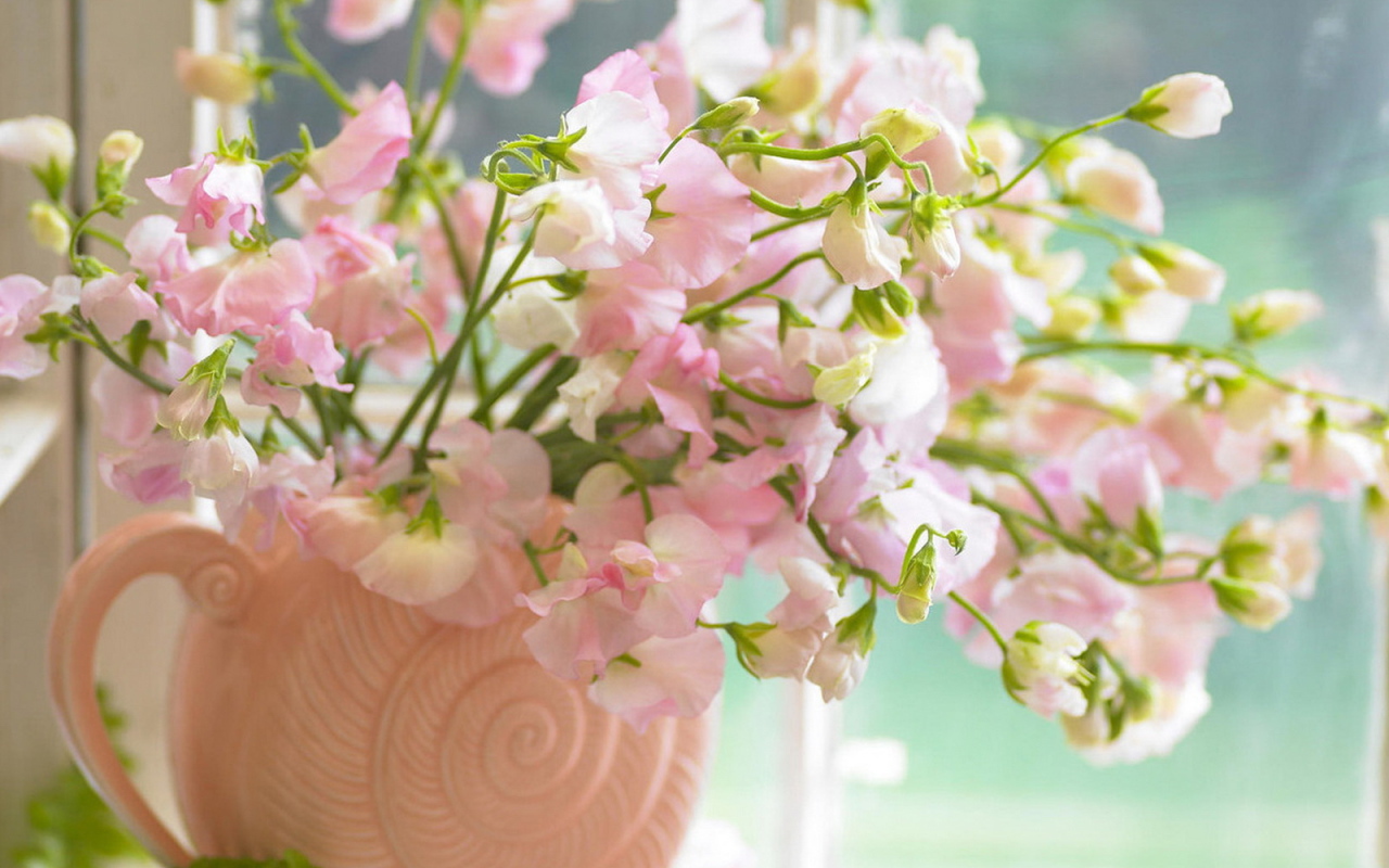 Цветы в розовой вазе