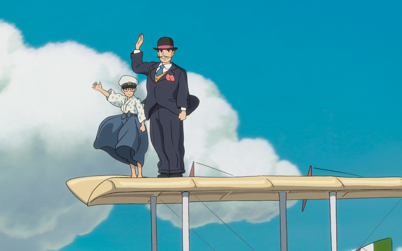 Аниме мультфильм Миядзаки Kaze tachinu, персонажи машут рукой