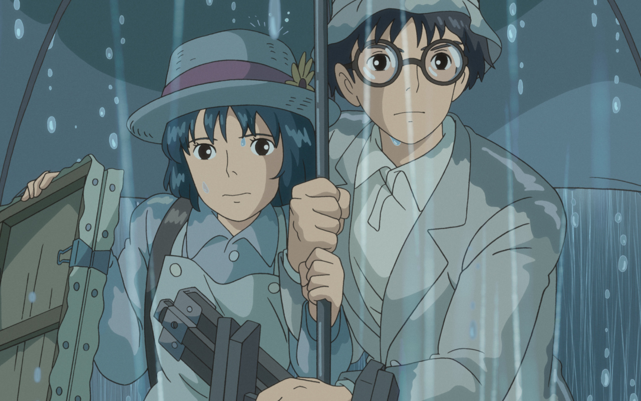 Аниме мультфильм Миядзаки Ветер крепчает, герои под дождём