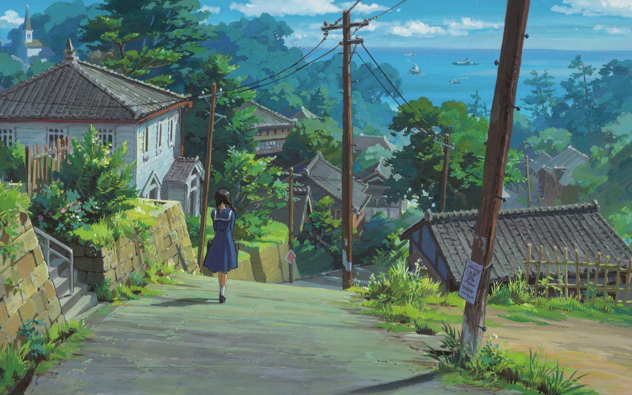 Аниме мультфильм Миядзаки, девушка идёт по дороге