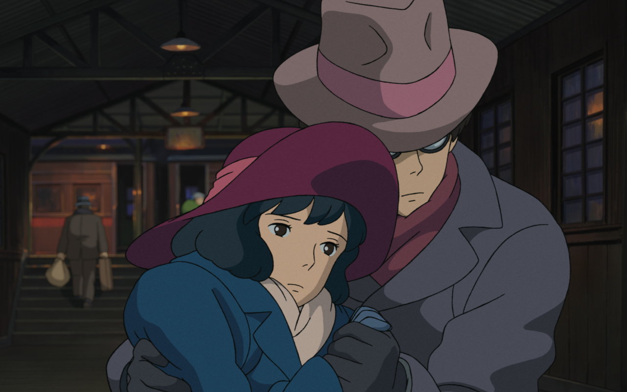 The wind rises аниме мультфильм Миядзаки, персонажи обнимаются