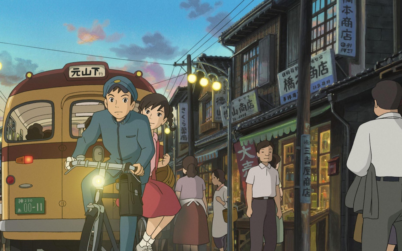 Аниме мультфильм Миядзаки Со склонов Кокурико, парень и девушка на велосипеде