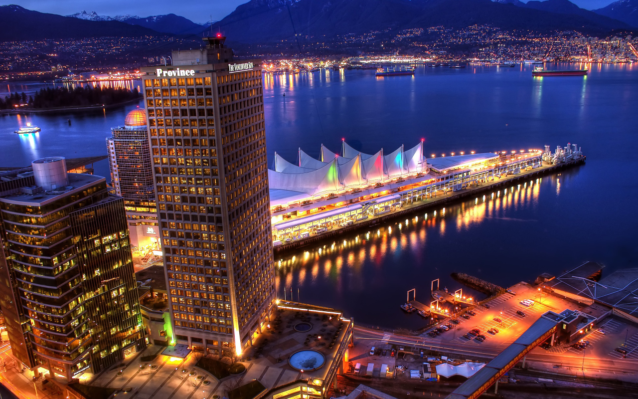 The city of Vancouver, in the evening