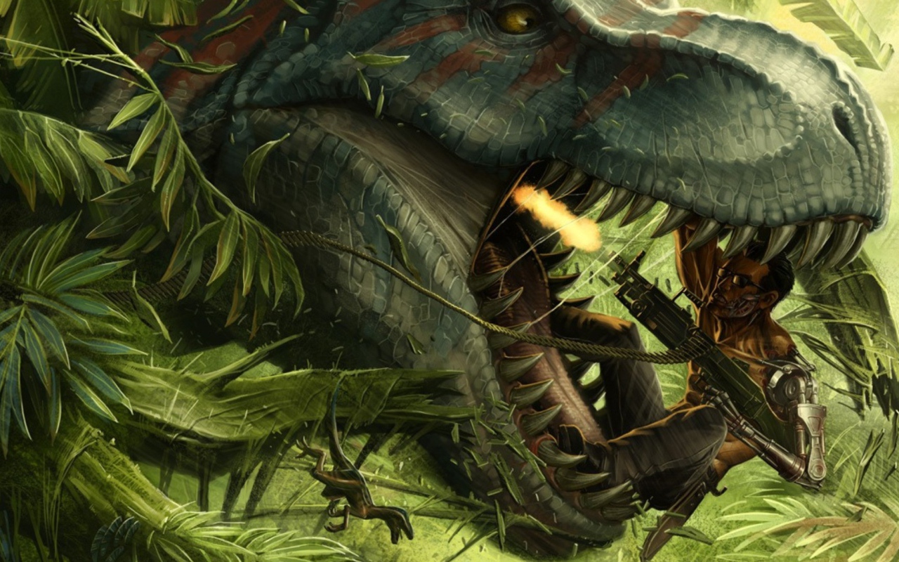 Киборг убивает динозавра