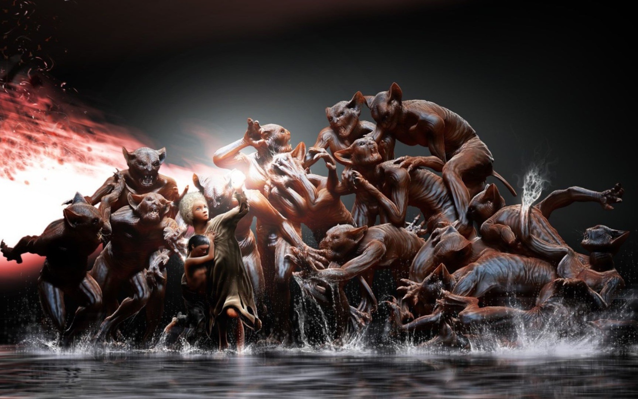 Женщина защищает ребенка от монстров