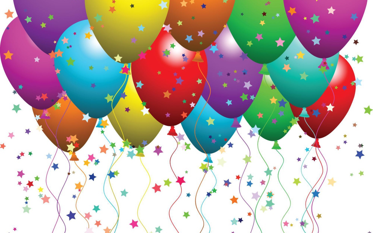 Разноцветные шары и звёзды на день рождения