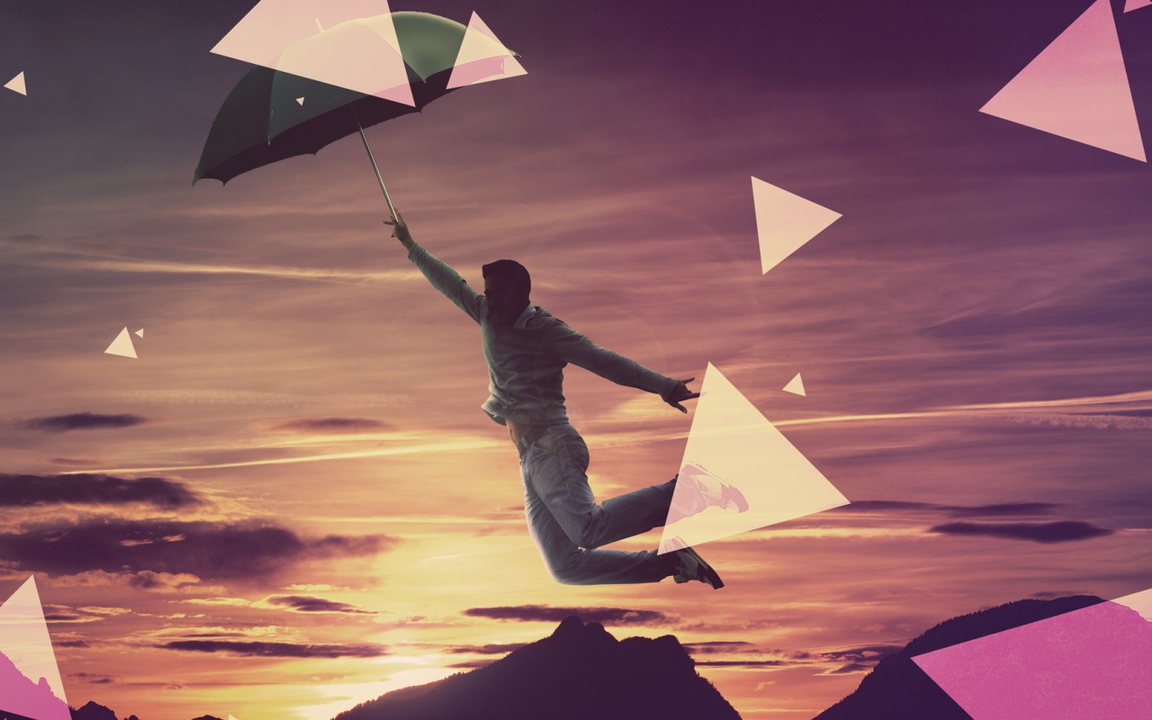 Человек летит на зонтике