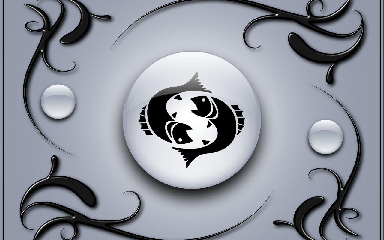 Знак рыбы на сером фоне с чёрным орнаментом 