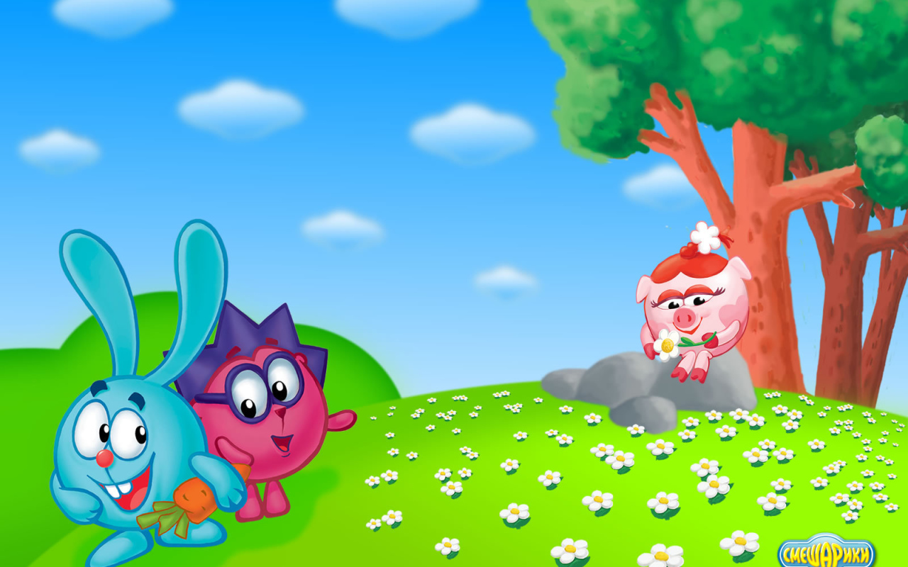 Нюша собирает цветы в мультфильме Смешарики