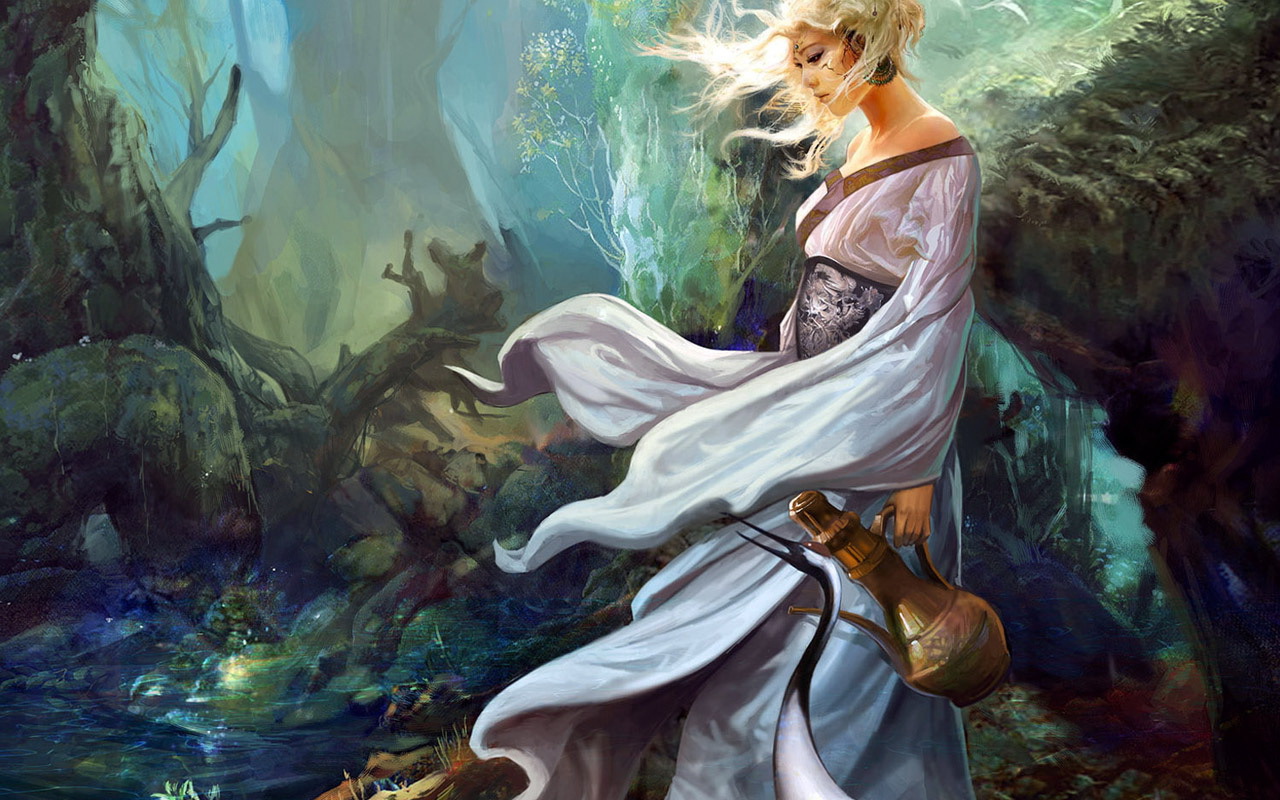 Девушка с кувшином в лесу