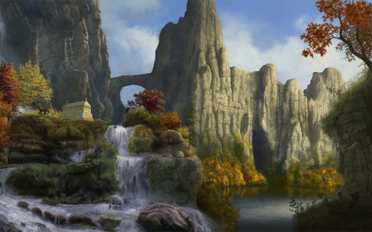 Горный пейзаж с водопадом