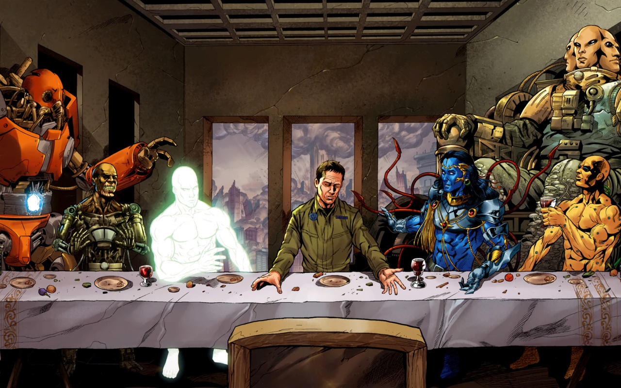 Человек обедает с роботами