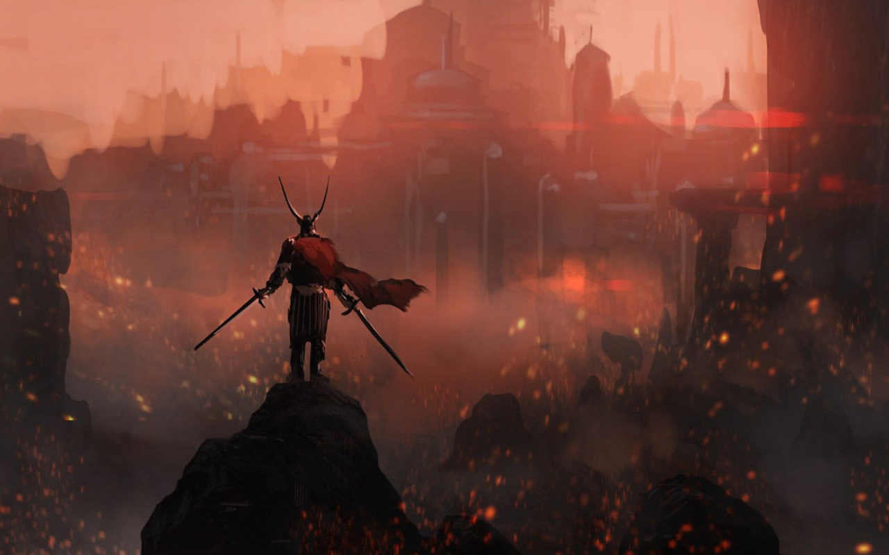 Викинг на фоне горящего города