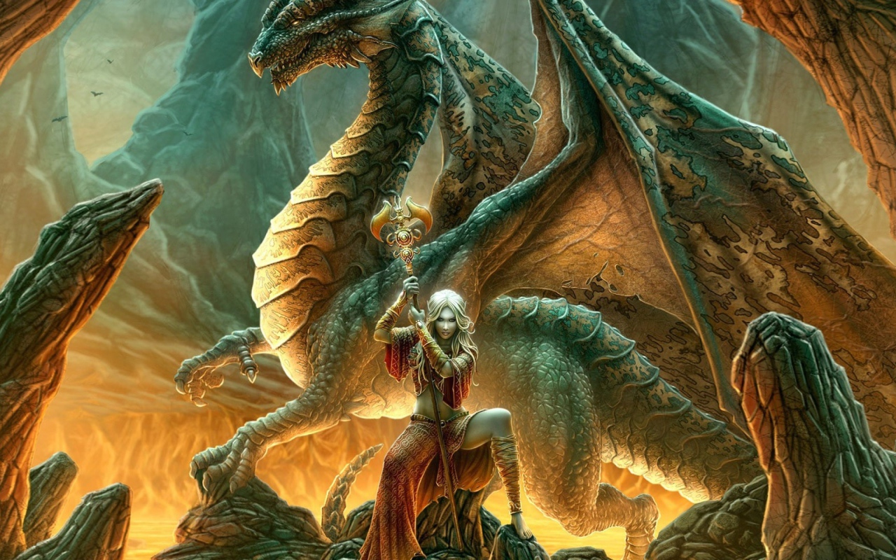 Дракон и колдунья с жезлом