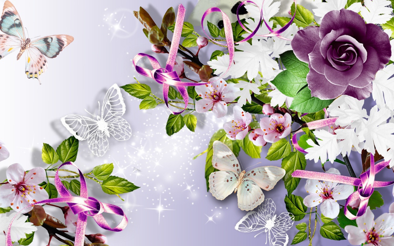 Фиолетовая роза и бабочки, картинка на восьмое марта