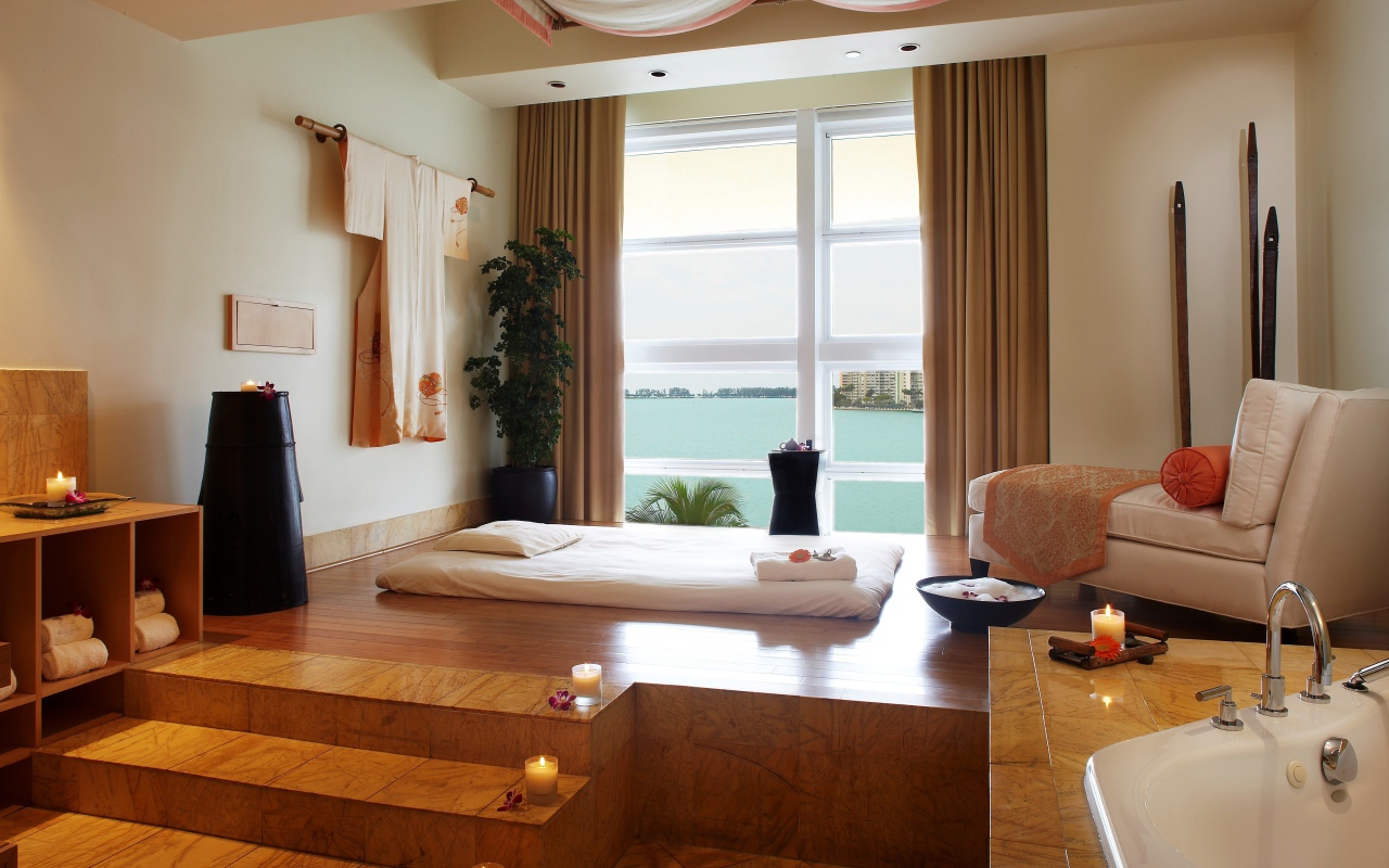 Modern bedroom with sea views