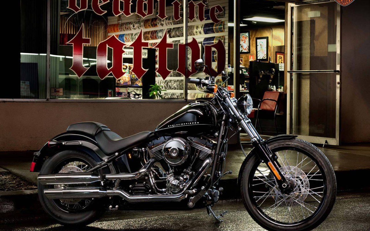 Новый мотоцикл на дороге Harley-Davidson Softail Blackline