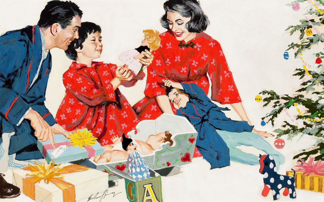 Семья открывает подарки