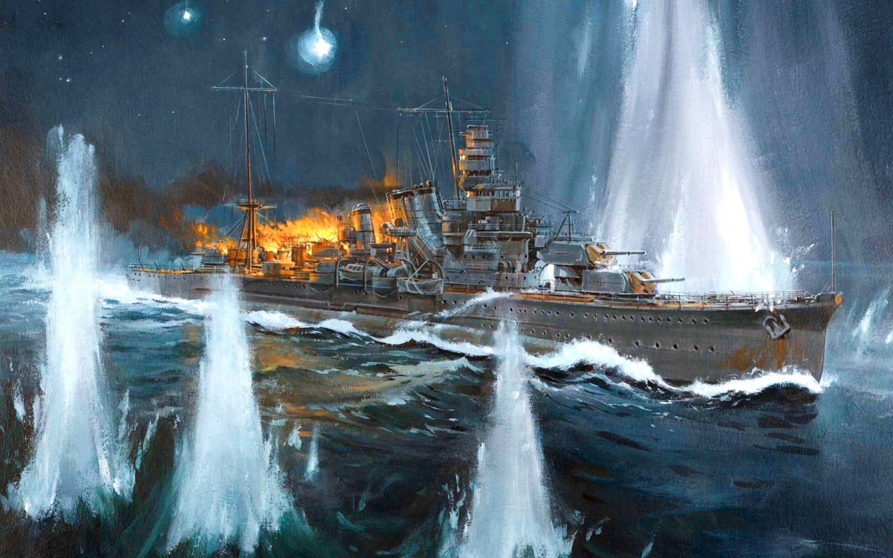 Горящий корабль в фонтанах