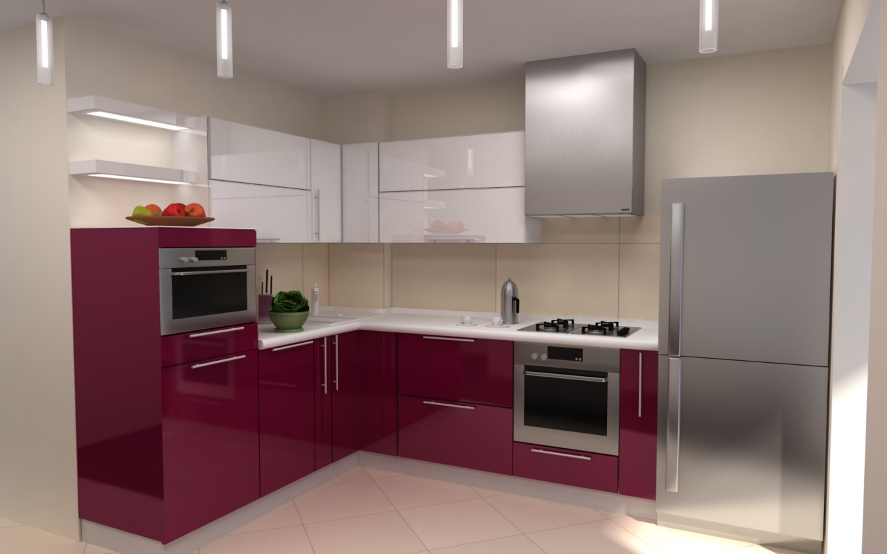 Аккуратная бордовая кухня