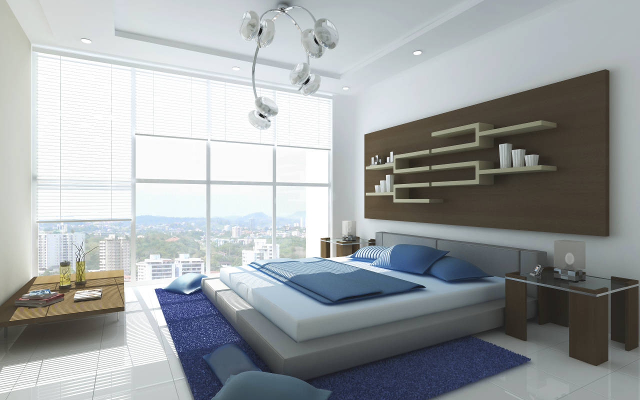 Полки на стене в спальне